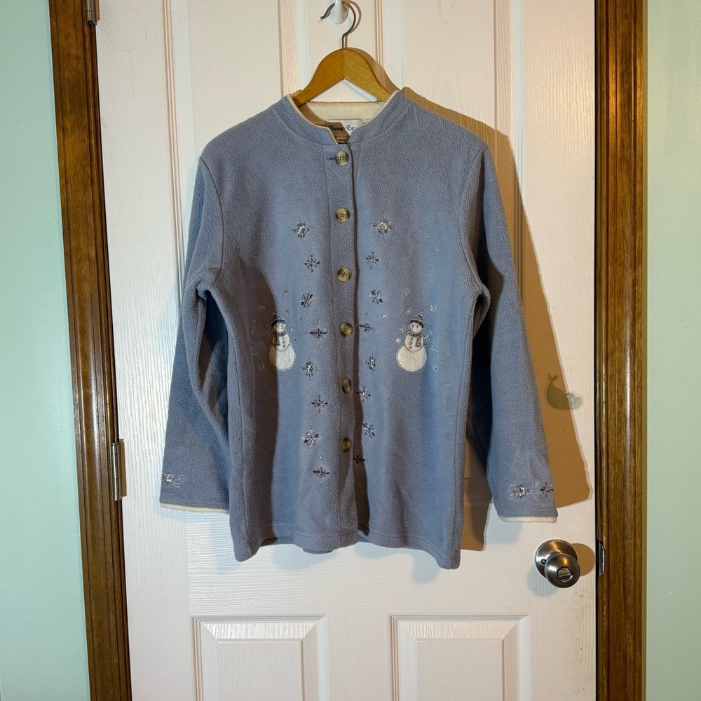Bonnie Evans Pale Blue Snowman Fleece Cardigan Large